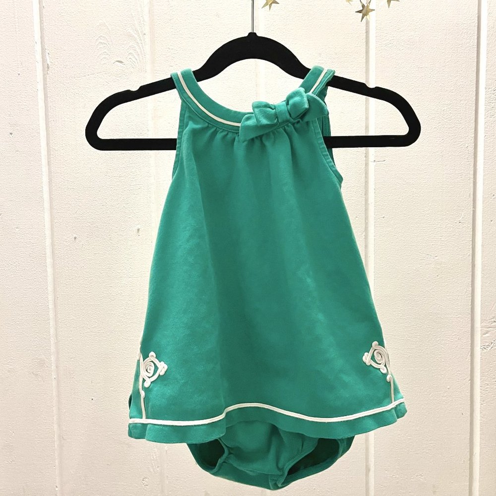 Great Condition Janie & Jack Green Appliqué Dress with Bloomers Girls 3-6 Month